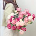 【Back to School】molilito Premium Silk Ranunculus & Peony Eternal Flower Bouquet - Pink, Cream White, Dusty Blue, with Boxes, for Wedding Bridal, Bedroom & Entryway Decor, Realistic Faux Gift Blooms