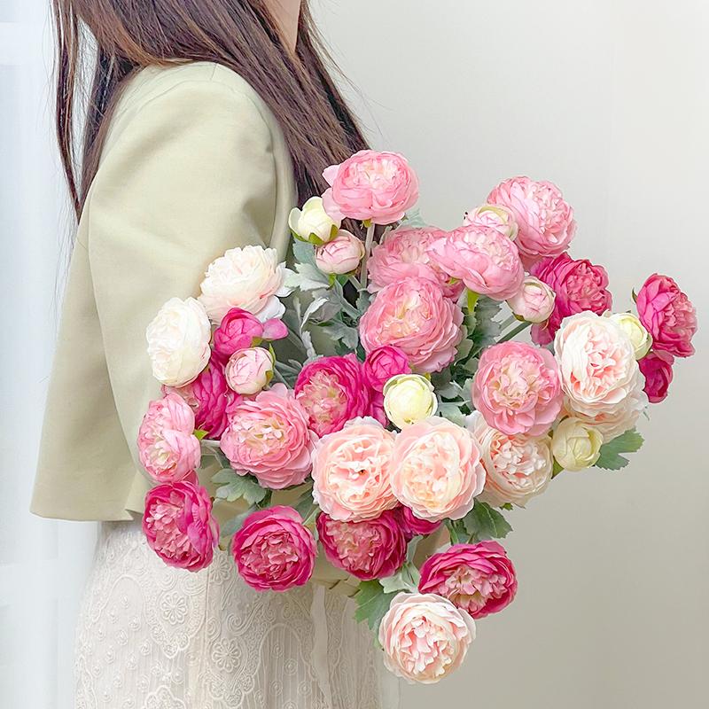 【Back to School】molilito Premium Silk Ranunculus & Peony Eternal Flower Bouquet - Pink, Cream White, Dusty Blue, with Boxes, for Wedding Bridal, Bedroom & Entryway Decor, Realistic Faux Gift Blooms