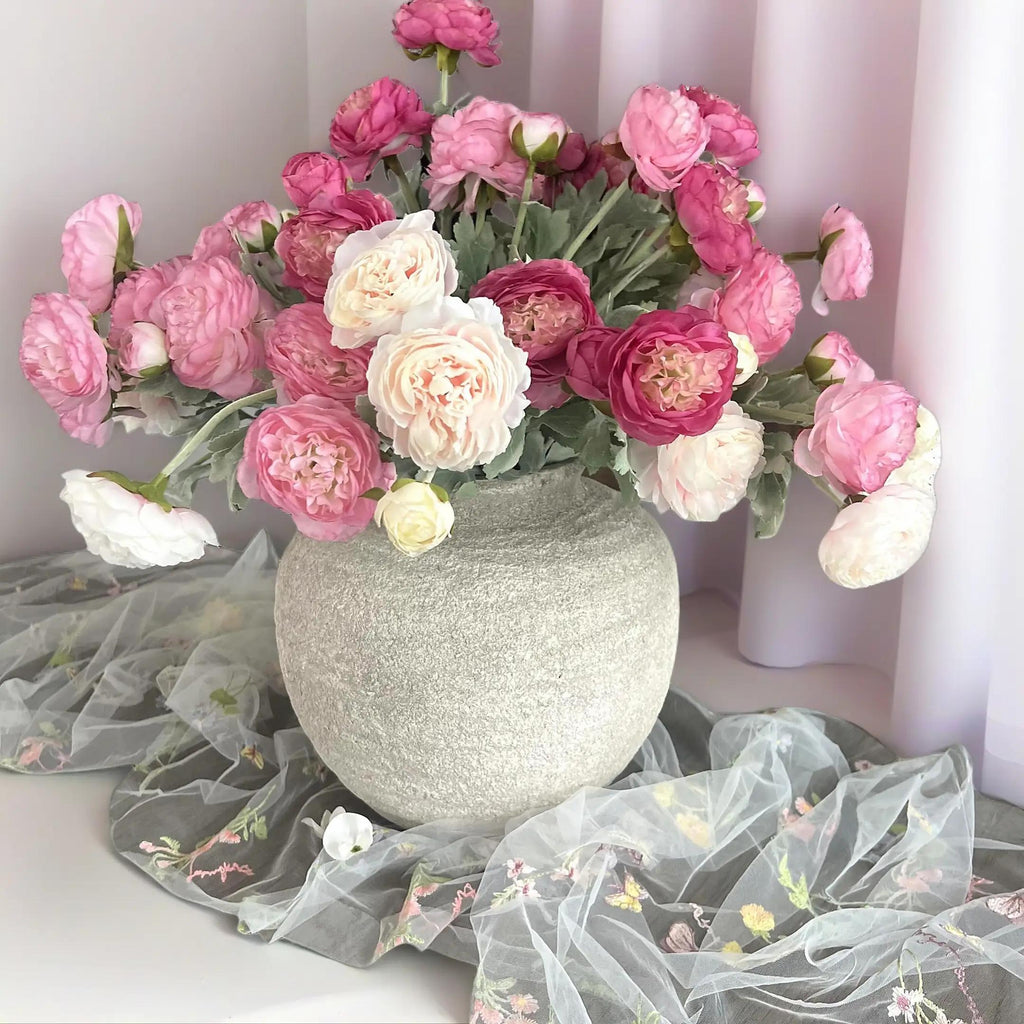 【Back to School】molilito Premium Silk Ranunculus & Peony Eternal Flower Bouquet - Pink, Cream White, Dusty Blue, with Boxes, for Wedding Bridal, Bedroom & Entryway Decor, Realistic Faux Gift Blooms