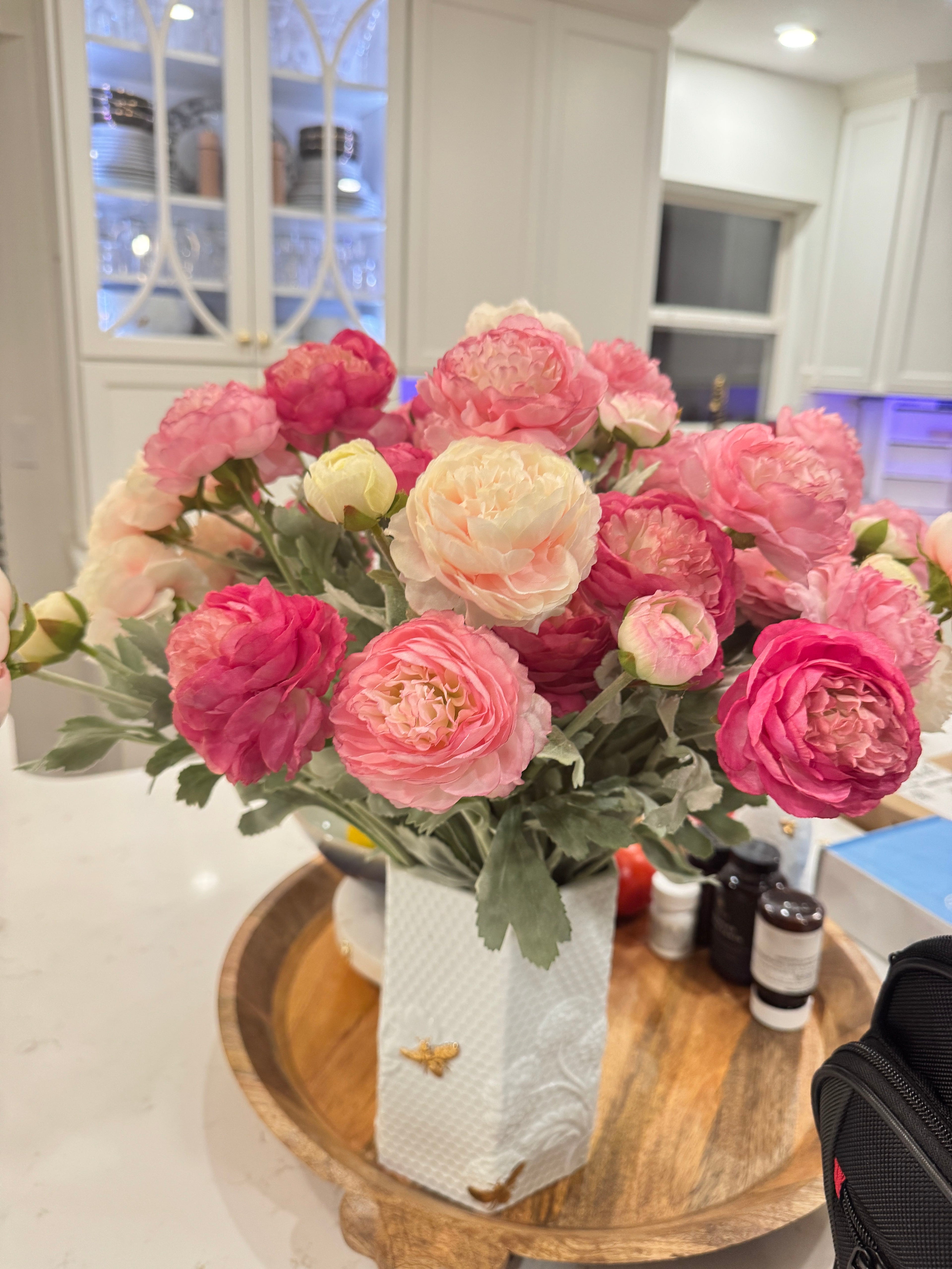 【Back to School】molilito Premium Silk Ranunculus & Peony Eternal Flower Bouquet - Pink, Cream White, Dusty Blue, with Boxes, for Wedding Bridal, Bedroom & Entryway Decor, Realistic Faux Gift Blooms