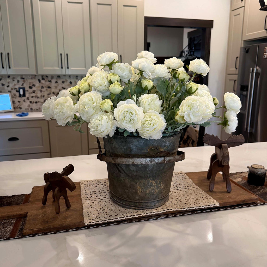【Back to School】molilito Premium Silk Ranunculus & Peony Eternal Flower Bouquet - Pink, Cream White, Dusty Blue, with Boxes, for Wedding Bridal, Bedroom & Entryway Decor, Realistic Faux Gift Blooms