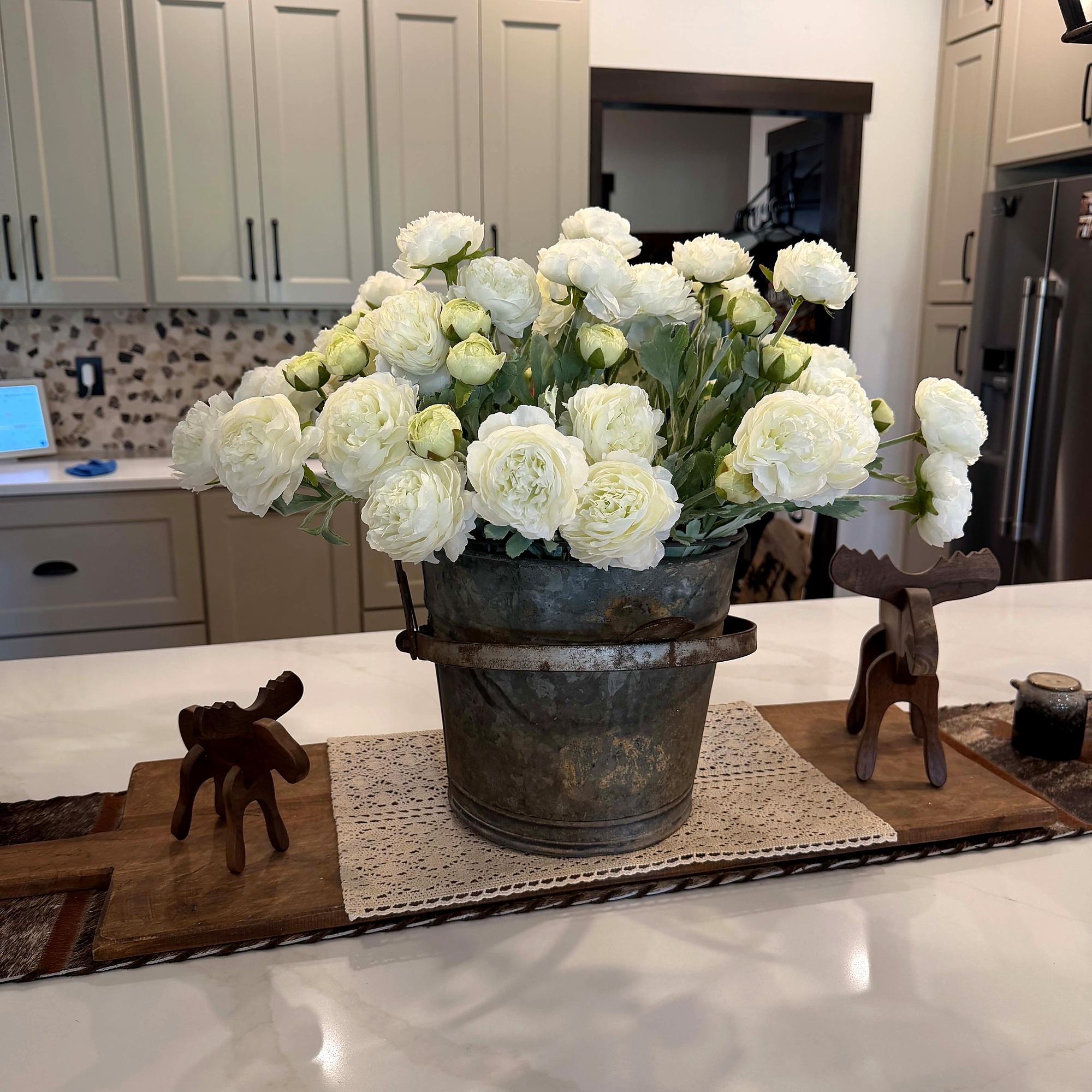 【Back to School】molilito Premium Silk Ranunculus & Peony Eternal Flower Bouquet - Pink, Cream White, Dusty Blue, with Boxes, for Wedding Bridal, Bedroom & Entryway Decor, Realistic Faux Gift Blooms