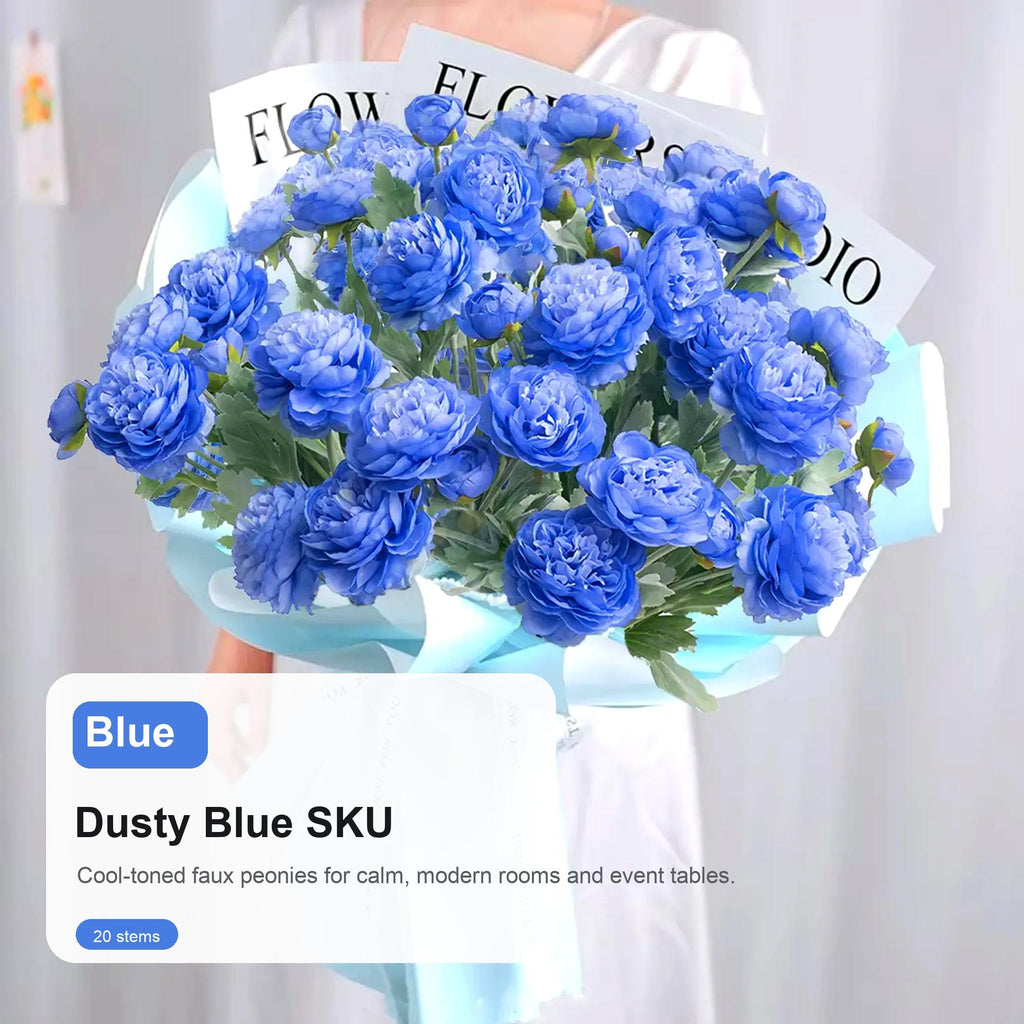 【Back to School】molilito Premium Silk Ranunculus & Peony Eternal Flower Bouquet - Pink, Cream White, Dusty Blue, with Boxes, for Wedding Bridal, Bedroom & Entryway Decor, Realistic Faux Gift Blooms
