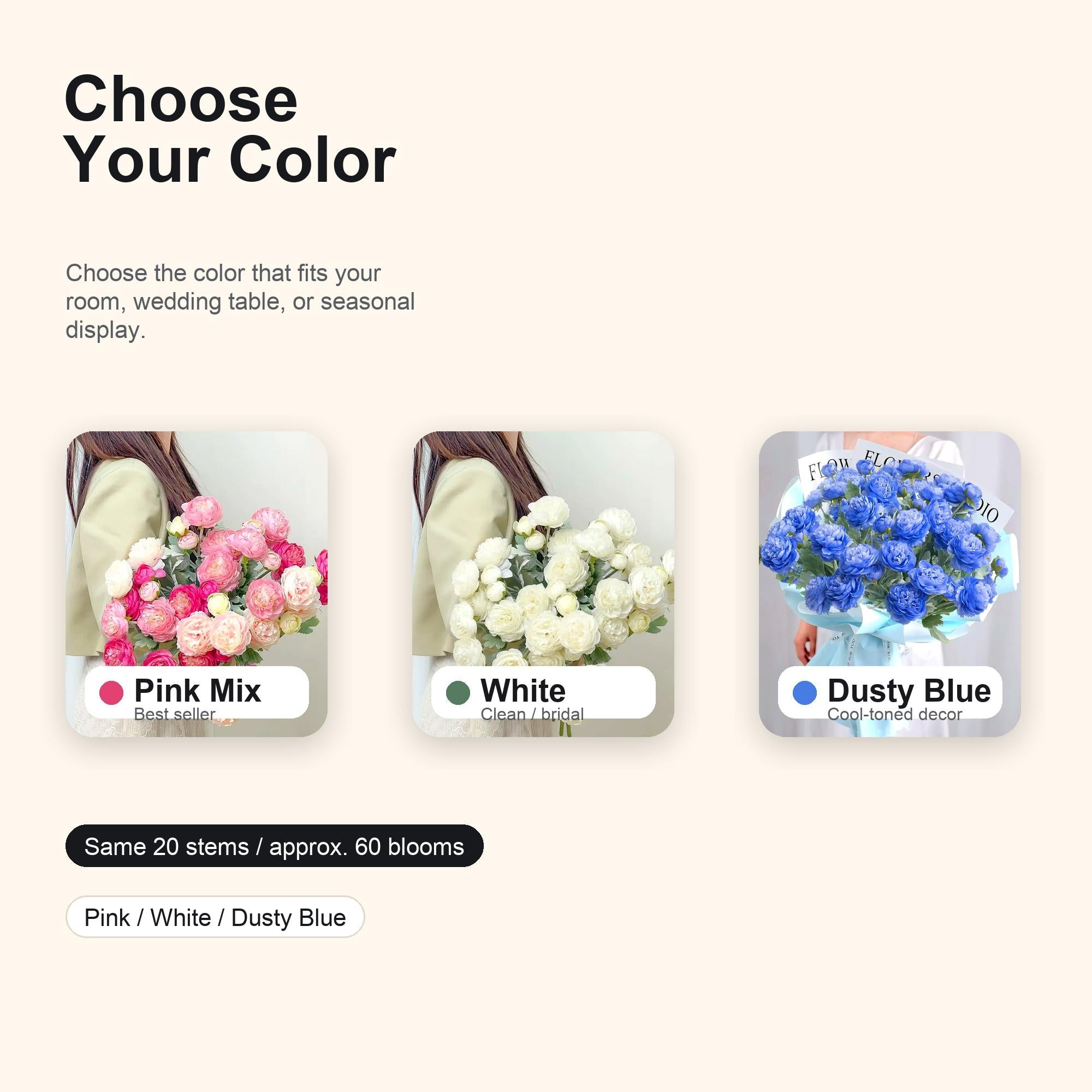 【Back to School】molilito Premium Silk Ranunculus & Peony Eternal Flower Bouquet - Pink, Cream White, Dusty Blue, with Boxes, for Wedding Bridal, Bedroom & Entryway Decor, Realistic Faux Gift Blooms
